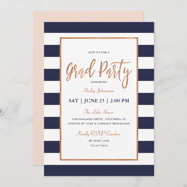 Navy Stripes Graduation Party Invitation (Front/Back)