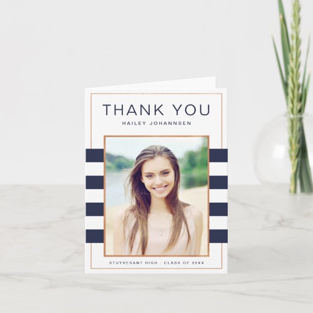 Navy Stripes Graduation Thank You Greeting Card (Front)