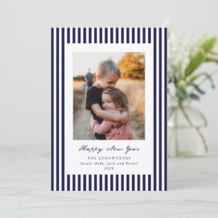 Navy Stripes Happy New Year Flat Photo Holiday Card