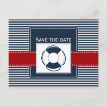 navy stripes, lifebuoy, nautical save the date announcement postcard