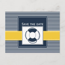navy stripes, lifebuoy, nautical save the date announcement postcard