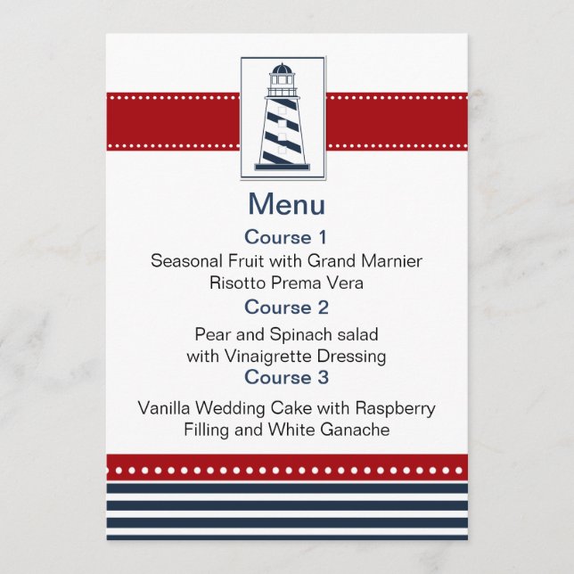 navy stripes,lighthouse, nautical menu cards (Front)