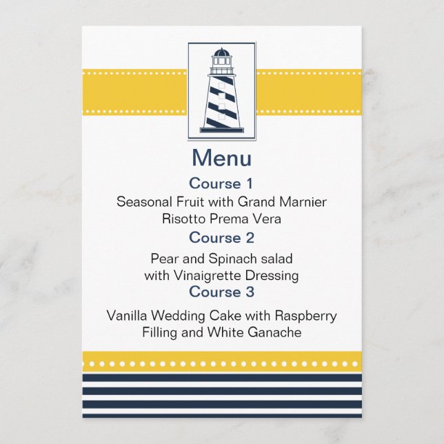 navy stripes,lighthouse, nautical menu cards (Front)