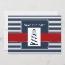 navy stripes, lighthouse, nautical save the date
