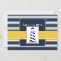 navy stripes,lighthouse, nautical save the date
