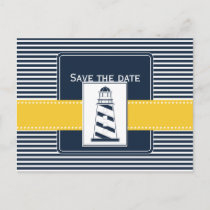 navy stripes,lighthouse, nautical save the date announcement postcard