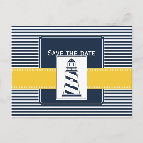 navy stripeslighthouse nautical save the date announcement postcard