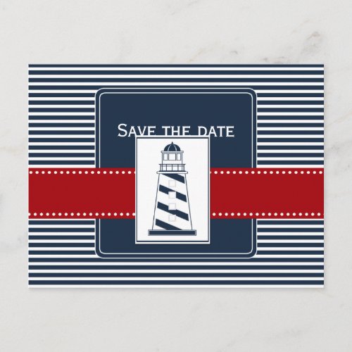 navy stripeslighthouse nautical save the date announcement postcard