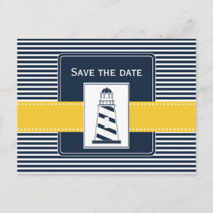 navy stripes,lighthouse, nautical save the date announcement postcard