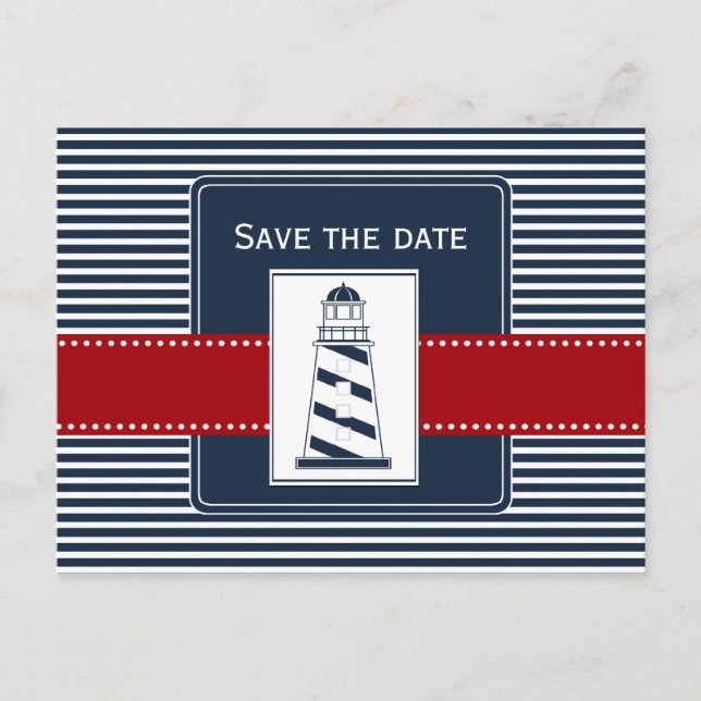 navy stripes,lighthouse, nautical save the date announcement postcard (Front)