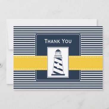navy stripes,lighthouse, nautical  Thank you Invitation