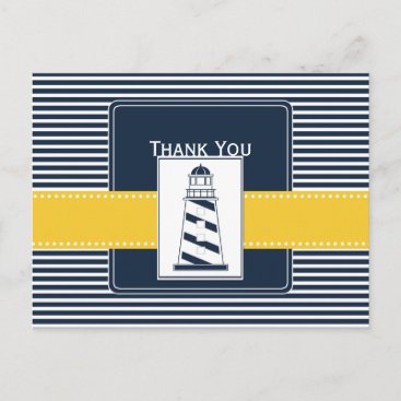 navy stripes,lighthouse, nautical Thank you Postcard