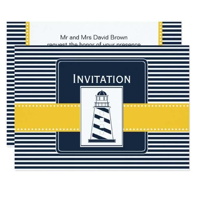 Navy Stripes, Lighthouse, Nautical Wedding Invites