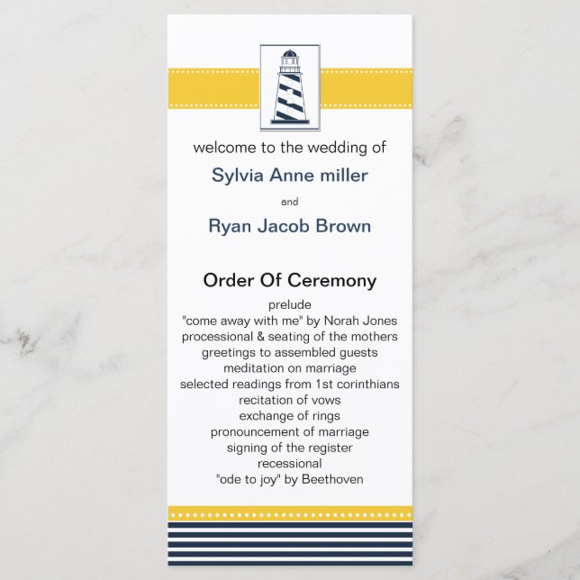 navy stripes,lighthouse, nautical wedding programs (Front)