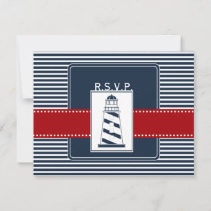 navy stripes,lighthouse nautical wedding rsvp card
