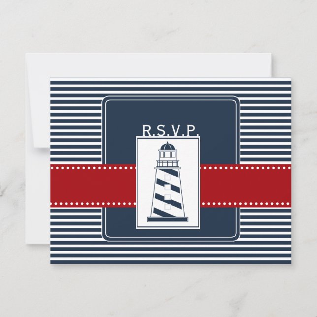navy stripes,lighthouse nautical wedding rsvp card (Front)