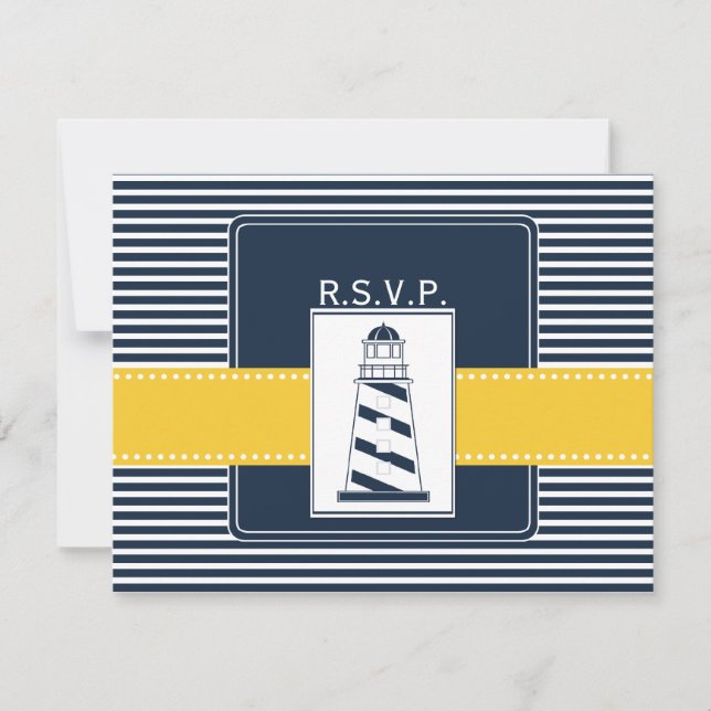 navy stripes,lighthouse, nautical wedding rsvp card (Front)