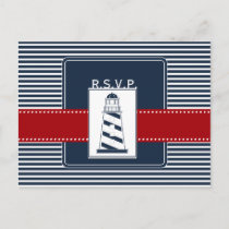 navy stripes,lighthouse, nautical wedding rsvp invitation postcard
