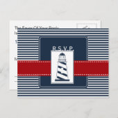 navy stripes,lighthouse, nautical wedding rsvp invitation postcard (Front/Back)