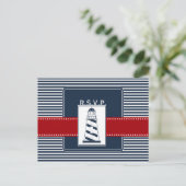 navy stripes,lighthouse, nautical wedding rsvp invitation postcard (Standing Front)