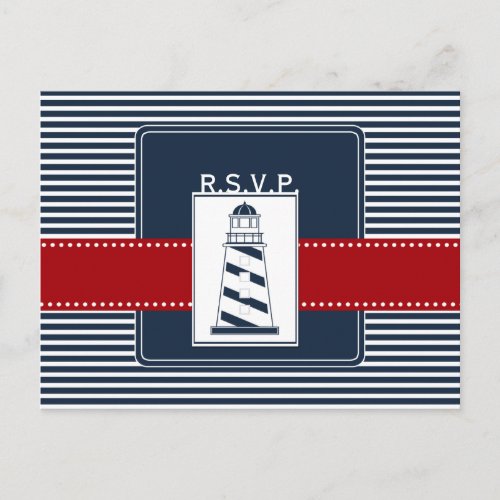 navy stripeslighthouse nautical wedding rsvp invitation postcard