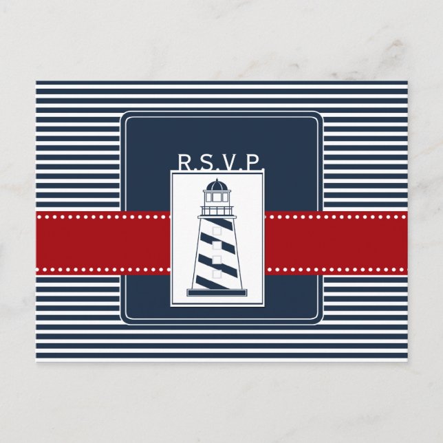 navy stripes,lighthouse, nautical wedding rsvp invitation postcard (Front)