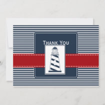 navy stripes,lighthouse nautical wedding Thank you Invitation