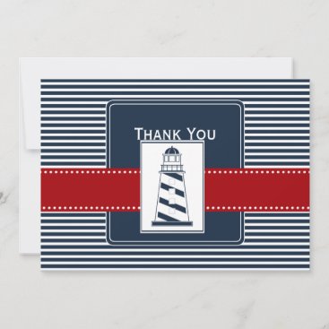 navy stripes,lighthouse nautical wedding Thank you Invitation