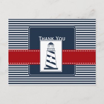 navy stripes,lighthouse nautical wedding Thank you Postcard