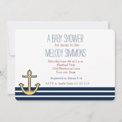 Navy Stripes Nautical Anchor Baby Shower Invitation