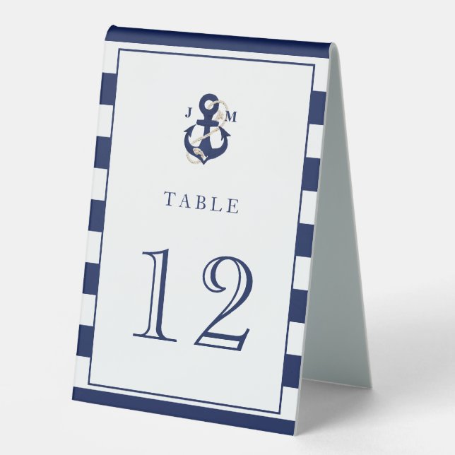 Navy Stripes Nautical Anchor Monogram Wedding Table Tent (Front)