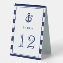 Navy Stripes Nautical Anchor Monogram Wedding Table Tent Sign