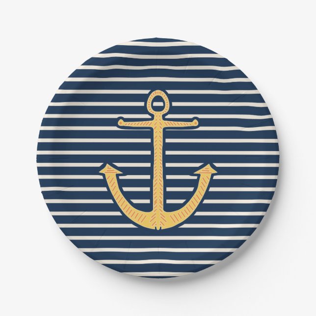 Navy Stripes Nautical Anchor Paper Plates (Front)