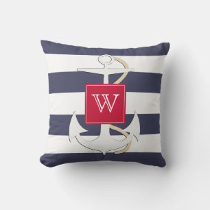 Navy Stripes Nautical Anchor with Monogram Throw Pillow