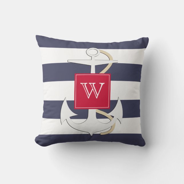Navy Stripes Nautical Anchor with Monogram Throw Pillow (Front)