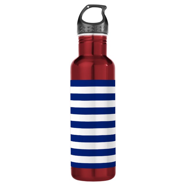 Navy Stripes Nautical Pattern Stainless Steel Water Bottle (Front)