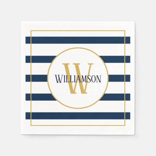 Navy Stripes Nautical Personalized Monogram Name Napkins (Front)