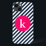 Navy Stripes Pattern Monogram iPad Mini Case<br><div class="desc">Customizable electronics case featuring navy and white diagonal stripes. Other colors are available.</div>