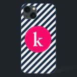 Navy Stripes Pattern Monogram iPad Mini Case<br><div class="desc">Customizable electronics case featuring navy and white diagonal stripes. Other colors are available.</div>
