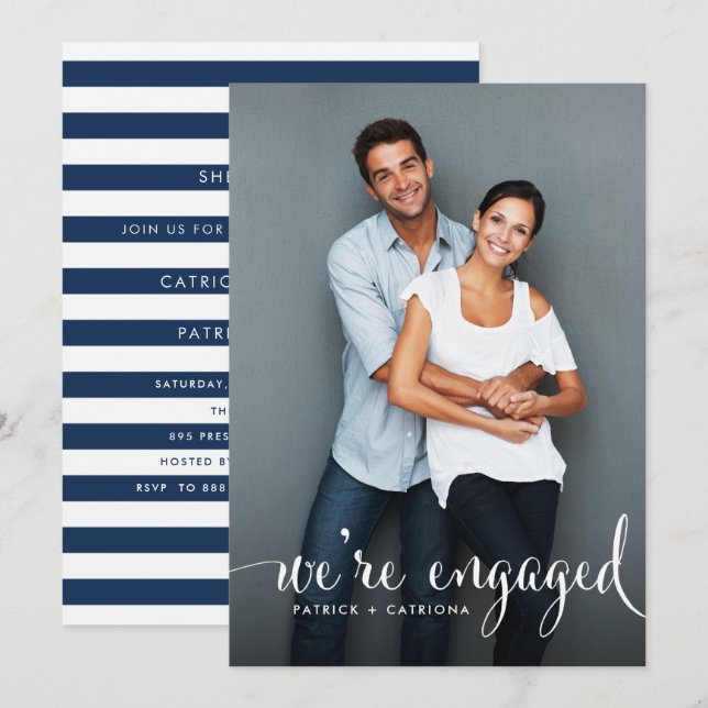 Navy Stripes | Photo Engagement Party Invitation (Front/Back)