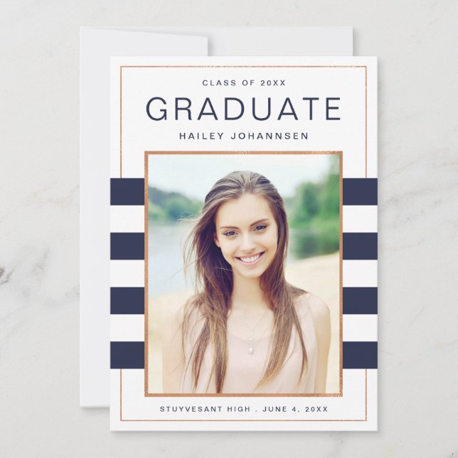 Navy Stripes Photo Graduation Announcement (Front)
