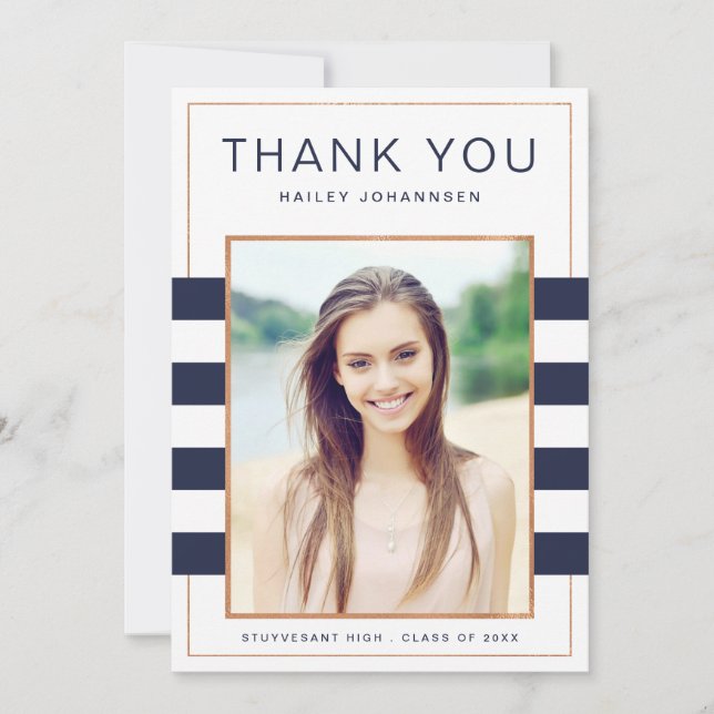 Navy Stripes Photo Graduation Thank You Card (Front)