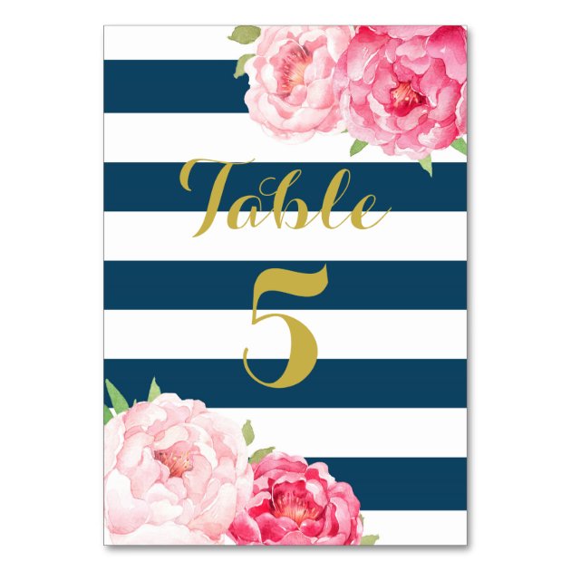 Navy Stripes Pink Floral Wedding Table Number Card