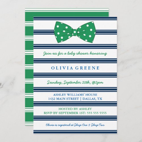 Navy Stripes  Polka Dot Bow  Baby Shower Invitation