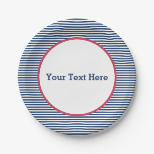 Navy Stripes, Red Border, American, Patriotic Paper Plates