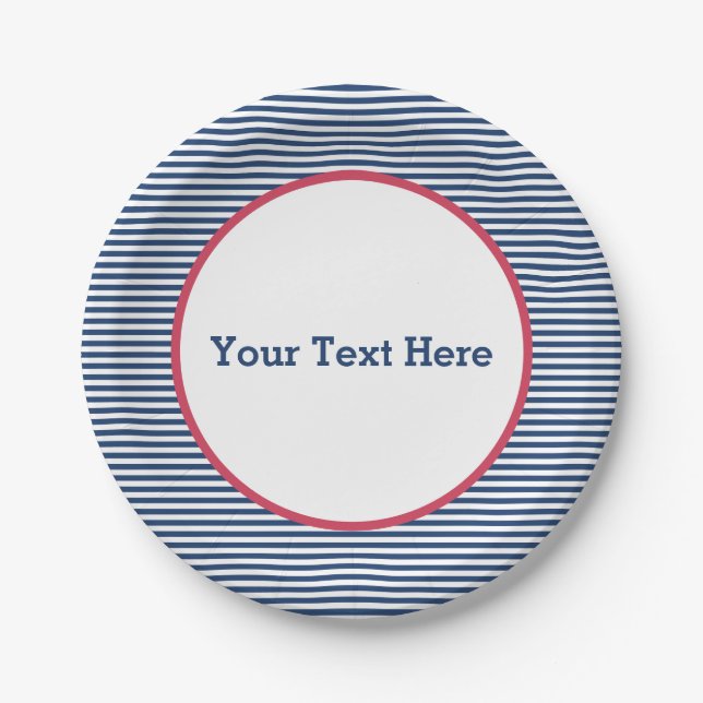 Navy Stripes, Red Border, American, Patriotic Paper Plates (Front)