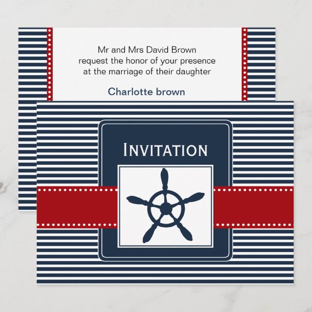 navy stripes, rudder, nautical wedding invites (Front/Back)