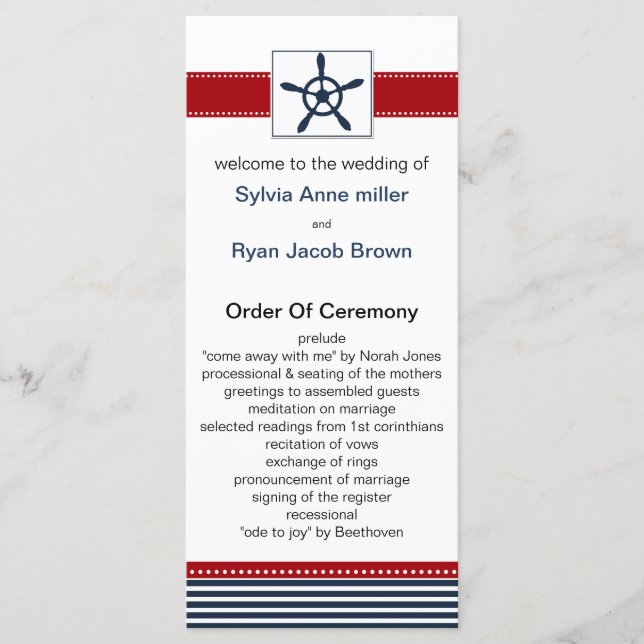 navy stripes, rudder, nautical wedding programs (Front)