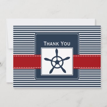 navy stripes, rudder, nautical wedding Thank you Invitation