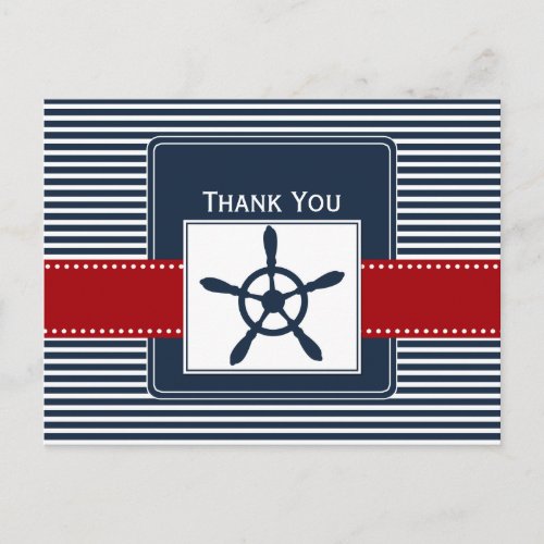navy stripesrudder nautical wedding Thank you Postcard